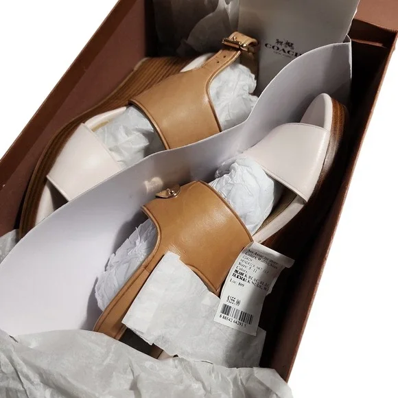Coach Hendrick Platform Wedge Sandals Chalk‎ Nude Leather Size 6.5 M A7612 logo - Picture 5 of 5